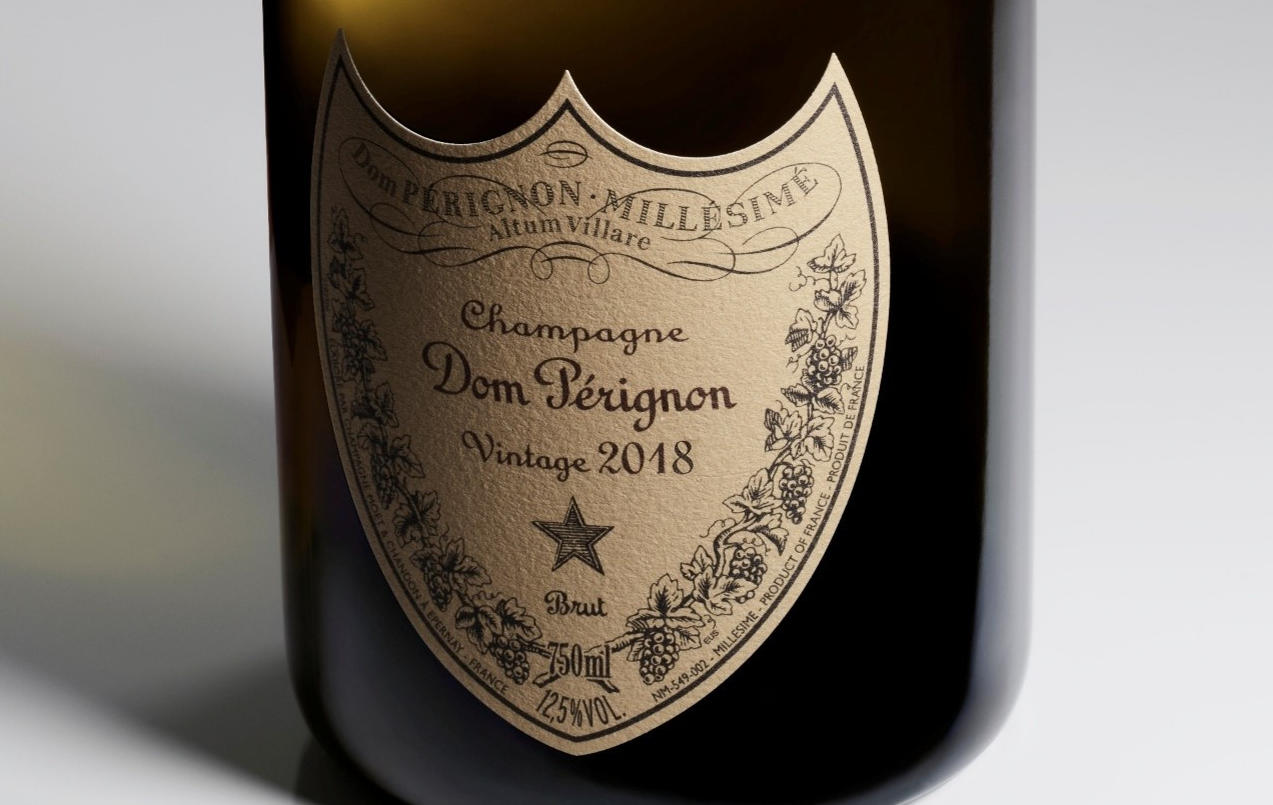 A close up of 2018 Champagne Dom Pérignon bottle.