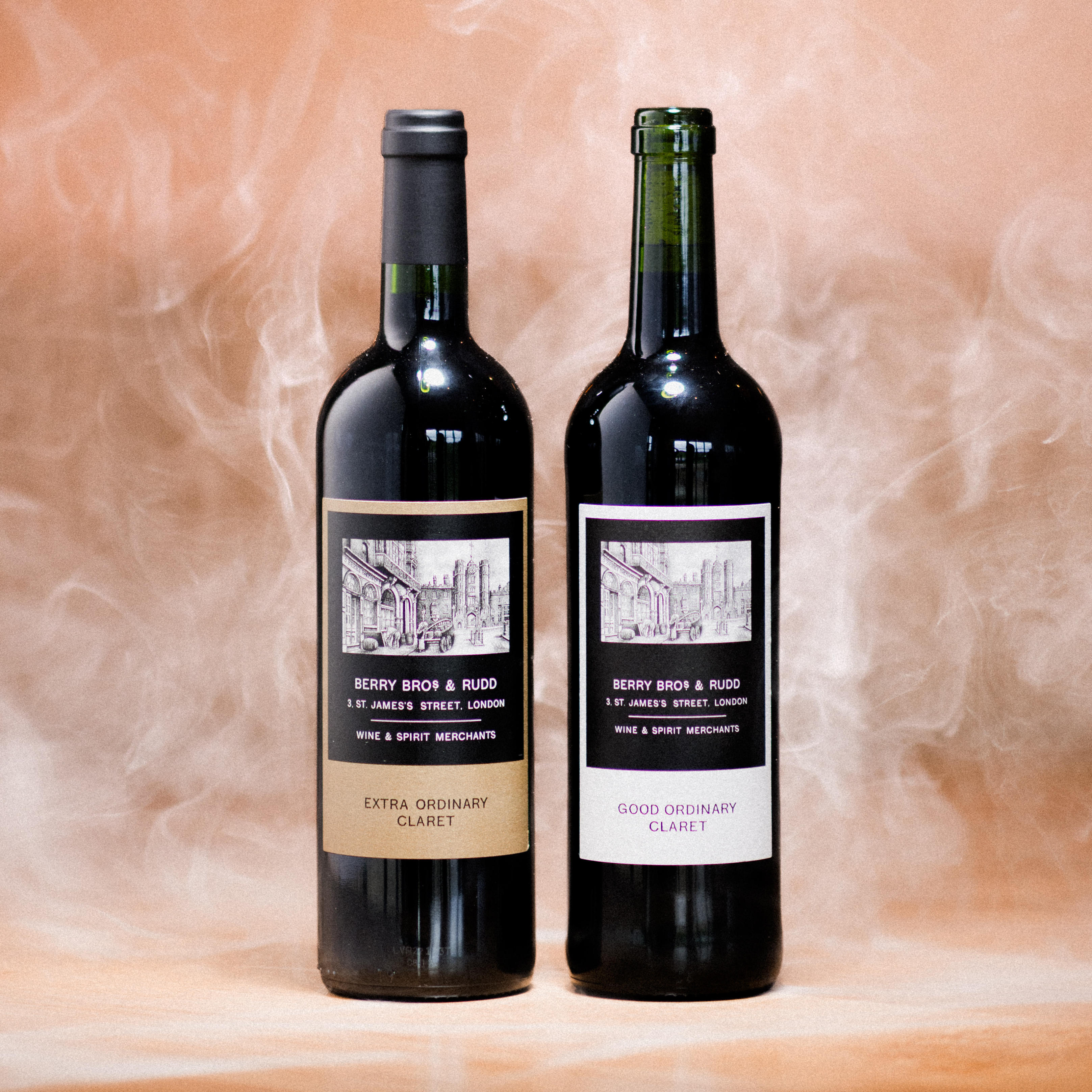 2 bottles of BB&R claret against a smoky background. 