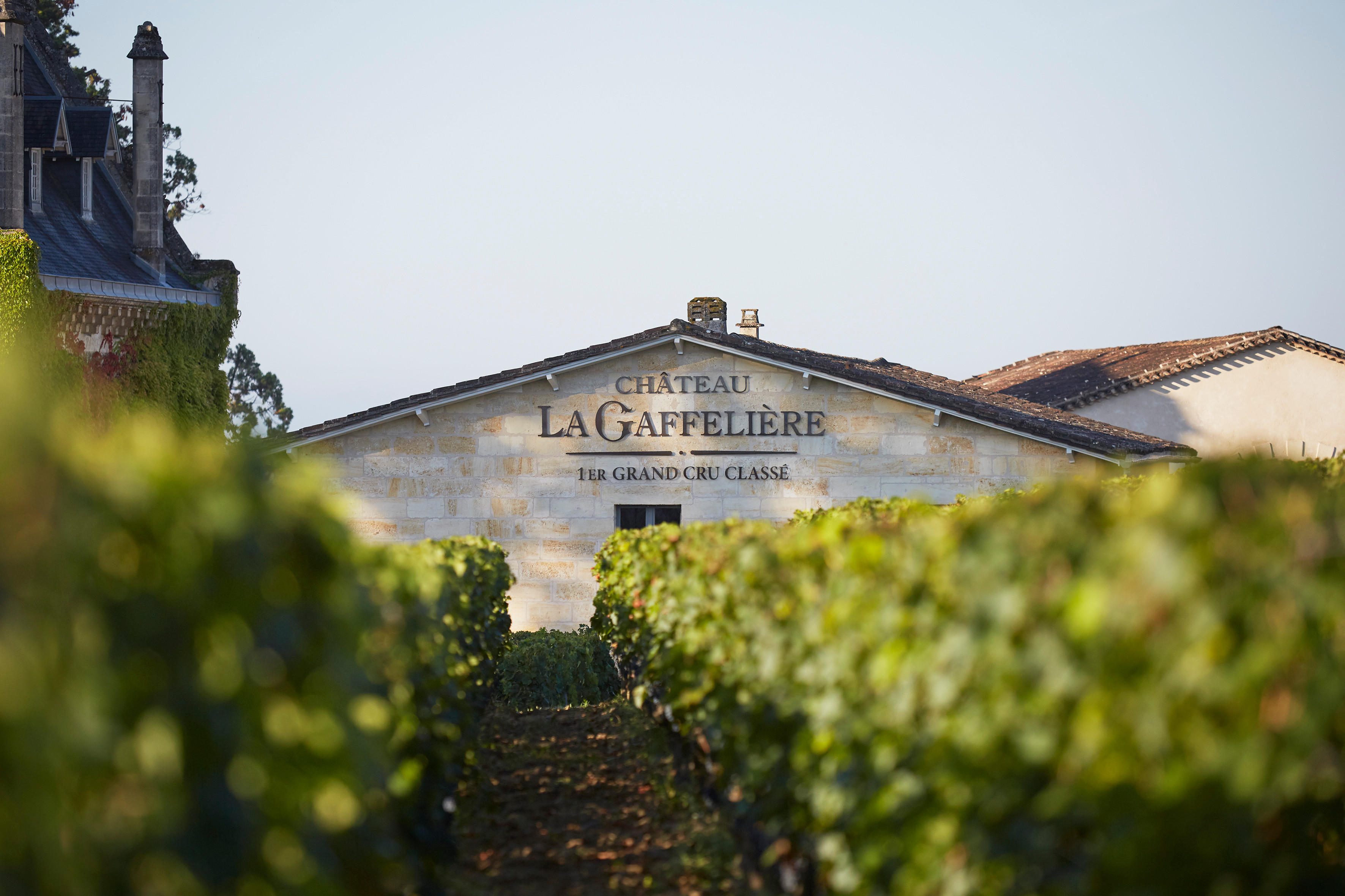 Front view of Château La Gaffelière’s stone building with its name and “1er Grand Cru Classé” inscription, framed by rows of green vineyard vines under clear daylight.