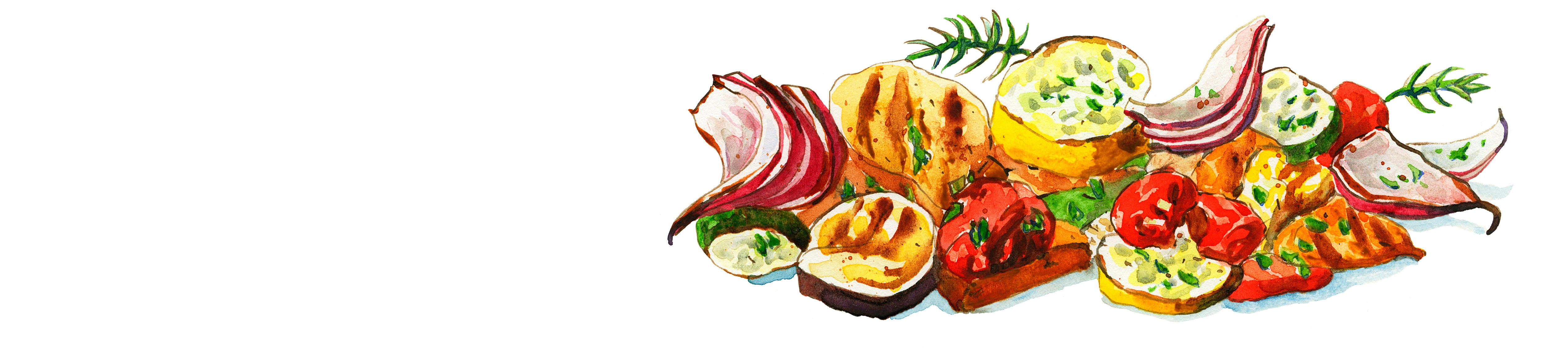 Illustration of roasted and grilled vegetables, including red onion, courgette, tomatoes, and root vegetables, garnished with herbs.