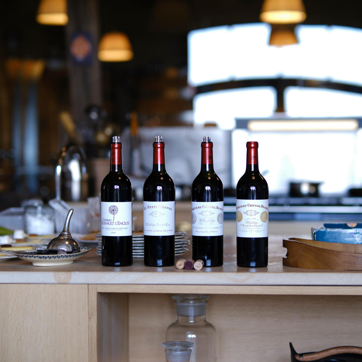 A line-up of wines from Cheval Blanc, including Le Petit Cheval and the grand vin.