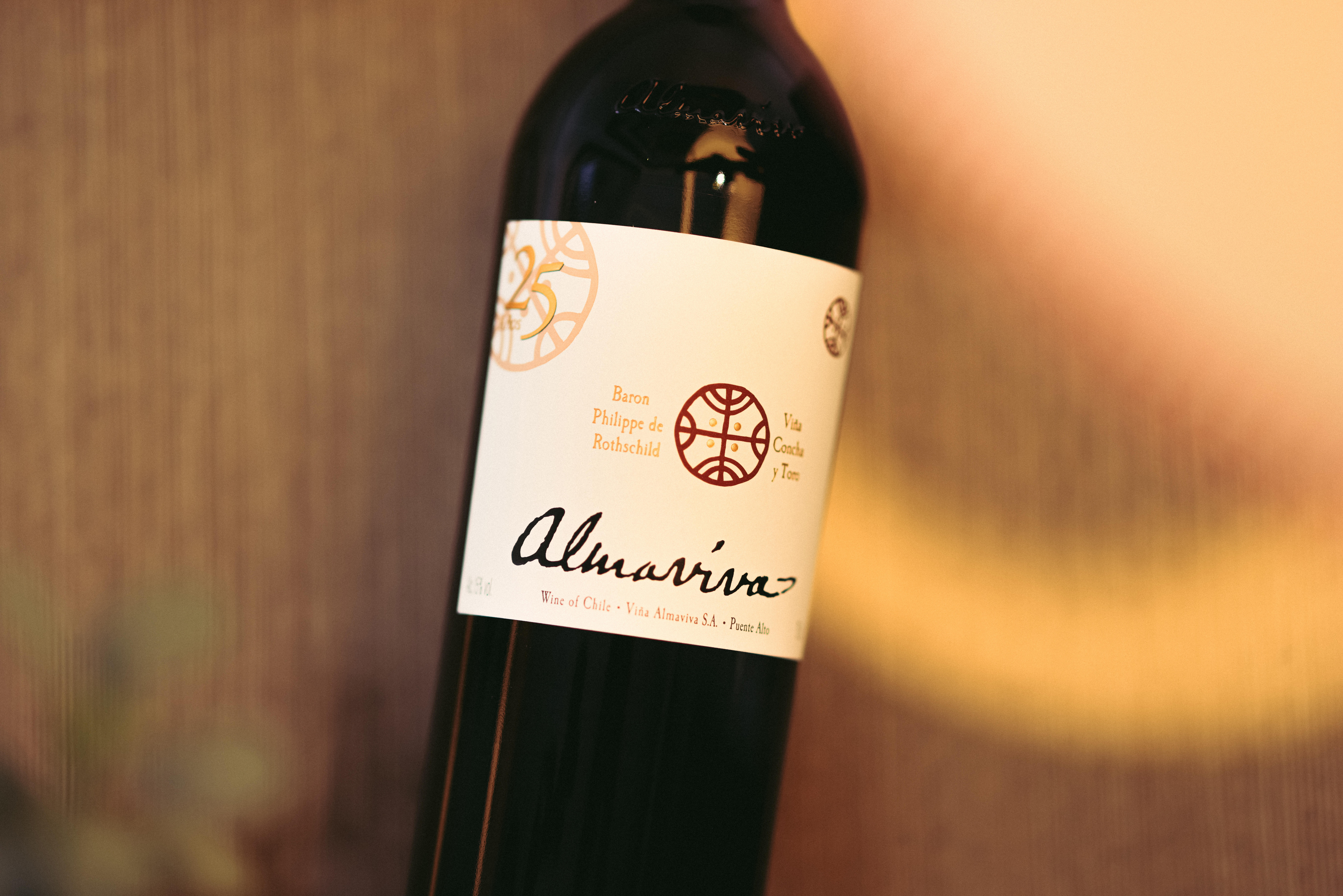 Bottle of Almaviva premium Chilean red wine, a luxury Bordeaux-style blend created by Baron Philippe de Rothschild and Concha y Toro.