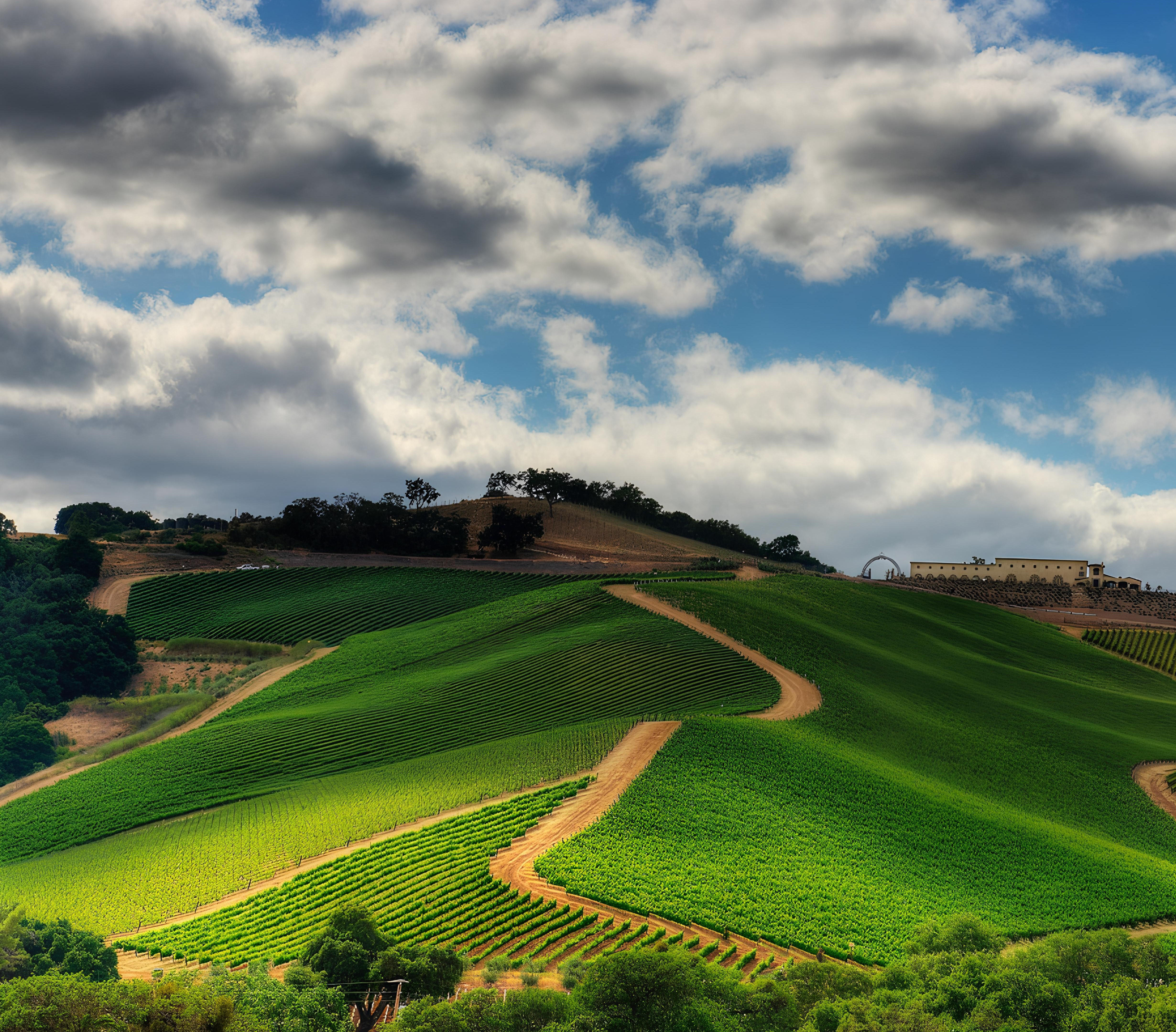 Rolling green vineyard hills under a partly cloudy sky in the Paso Robles wine region, with paths winding through the vines and a winery building in the distance.