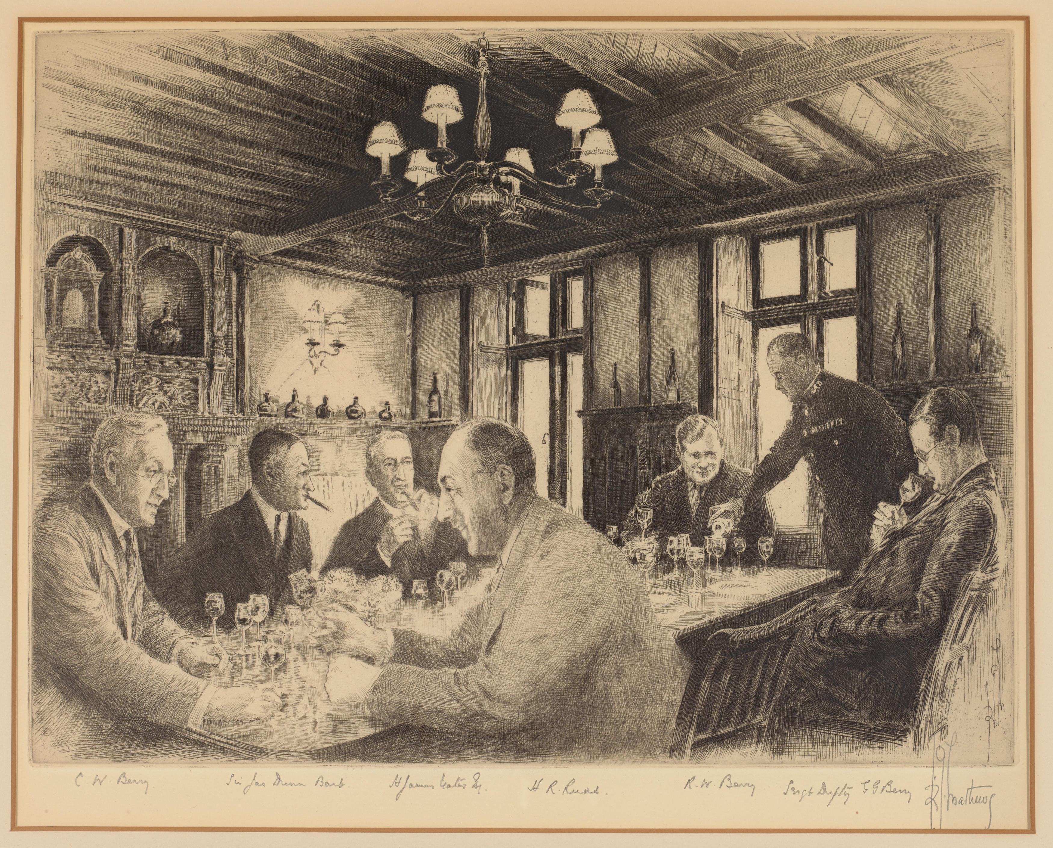 A drawing showing Charles Walter Berry, Hugh Rudd, Reggie Berry and George Berry – older generations of the two families – enjoying lunch in the Directors’ Dining Room 