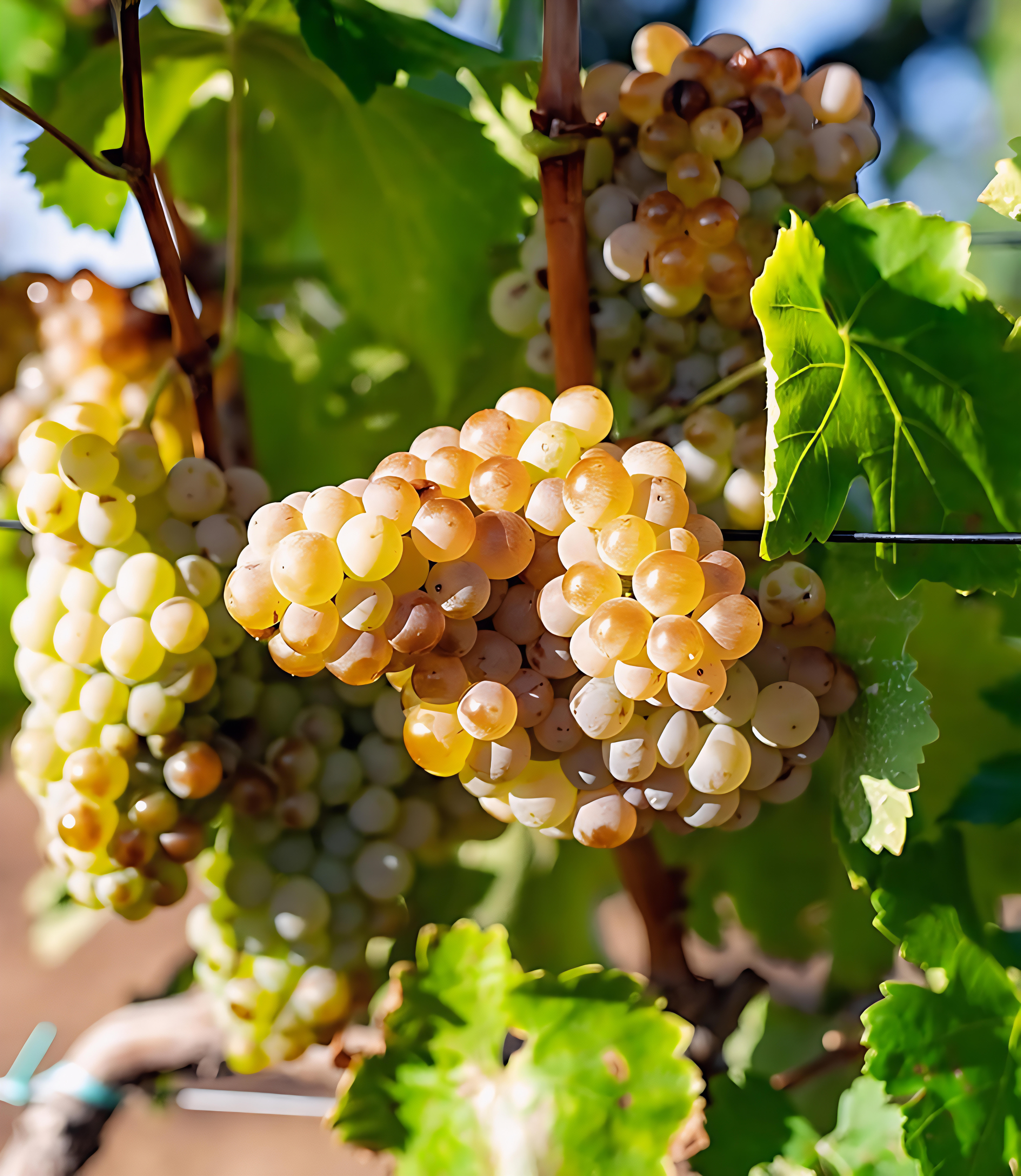 Clusters of ripe Viura/Macabeo grapes hanging on the vine among green leaves, bathed in warm sunlight.