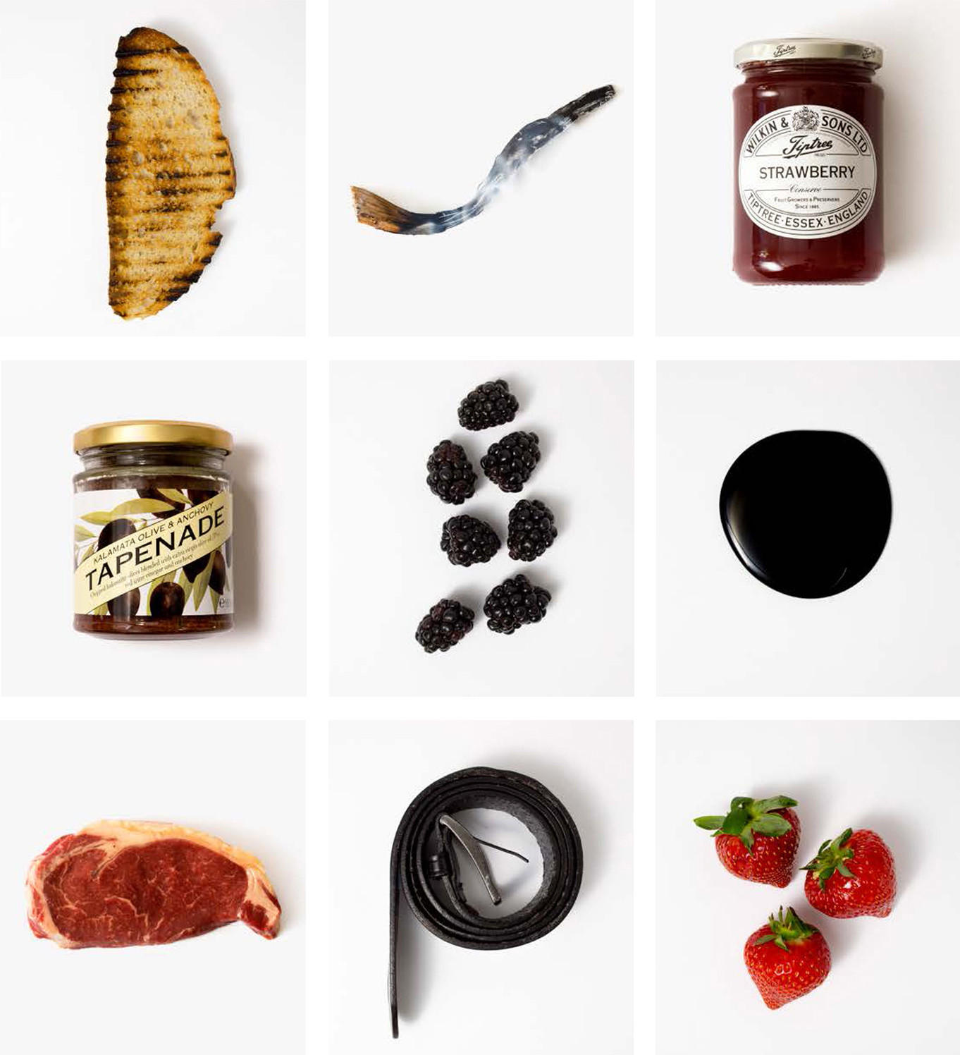A grid of nine images showing wine flavour notes: grilled bread, anchovy, strawberry jam, olive tapenade, blackberries, balsamic vinegar, raw beef, leather belt, and fresh strawberries.