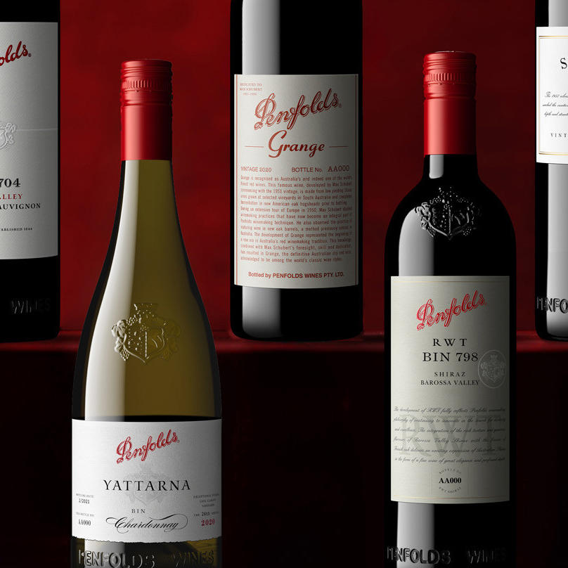 Penfolds fine wine collection featuring Yattarna Chardonnay, Grange and RWT Bin 798 from Australia.