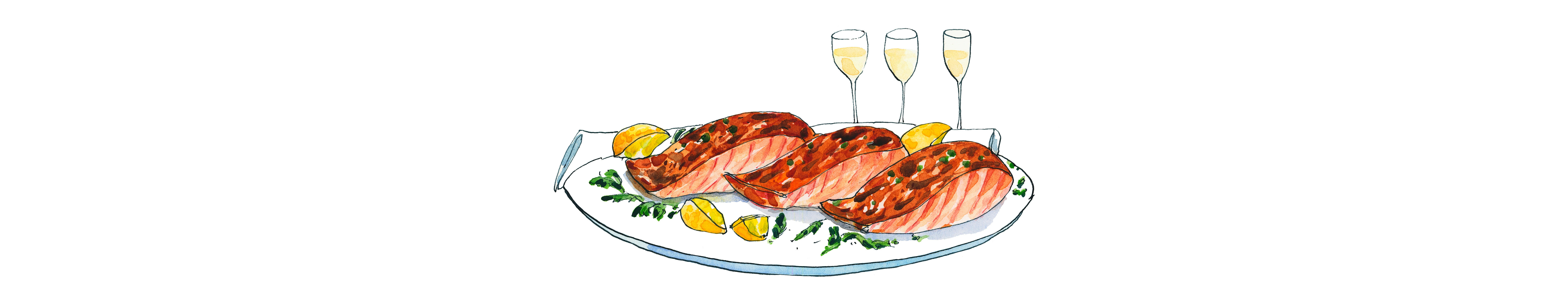 Illustration of grilled salmon fillets served on a platter with lemon wedges and herbs, accompanied by three glasses of white wine or Champagne.